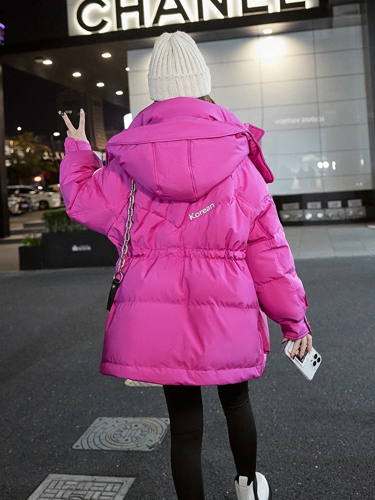 2025 Chaqueta de plumón con capucha para mujer, versión coreana, colores sólidos, chaqueta acolchada gruesa y holgada y cálida para invierno