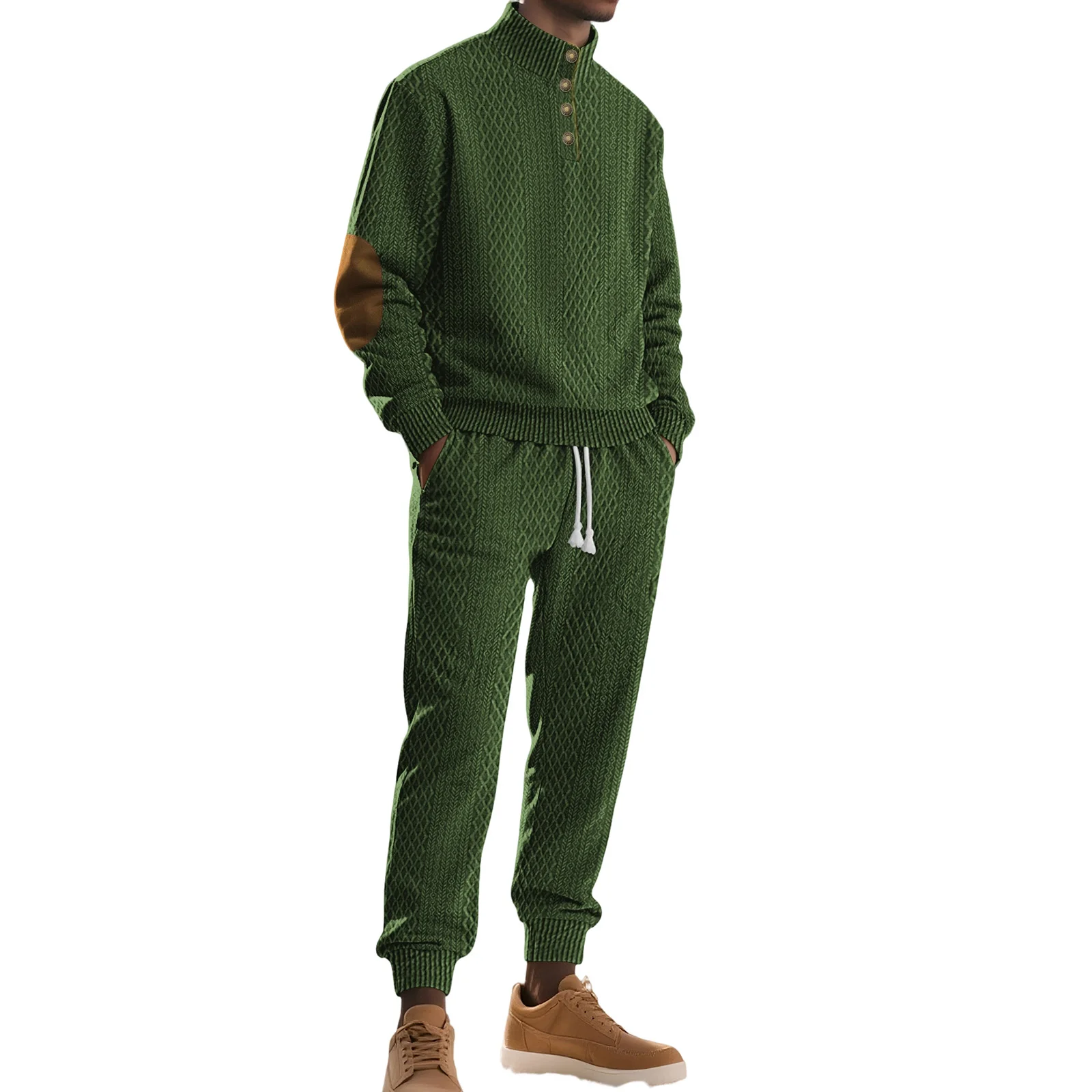 Winter Men'S High Neck Jacquard Casual Embroidered Sweatshirt And Sweatpants Sports Solid Color Long Sleeved Pants Set
