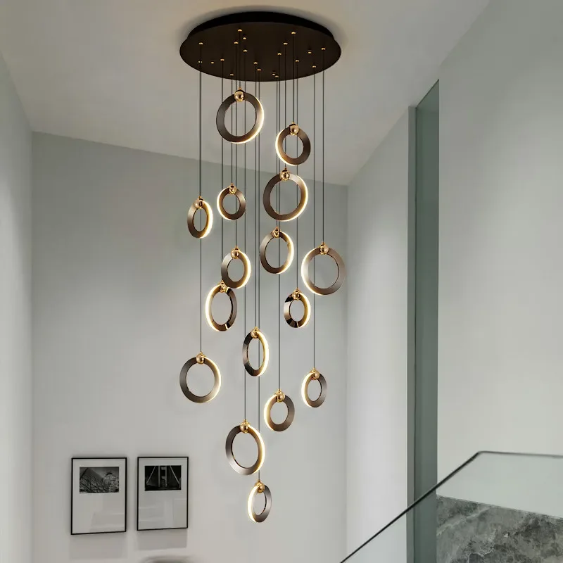 Modern LED staircase Chandelier lighting Nordic luxury Aluminum Ring Hanging lights Living room Dining room loft Home decor lamp