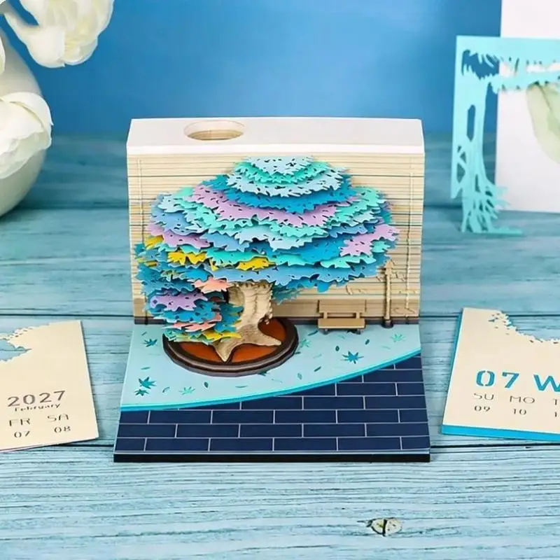 Time Piece Calendar 2027 Desk Calendar With LED Light 3D Tear-away Calendar Paper Carving Art Memo Pad Notepad Desktop Decor