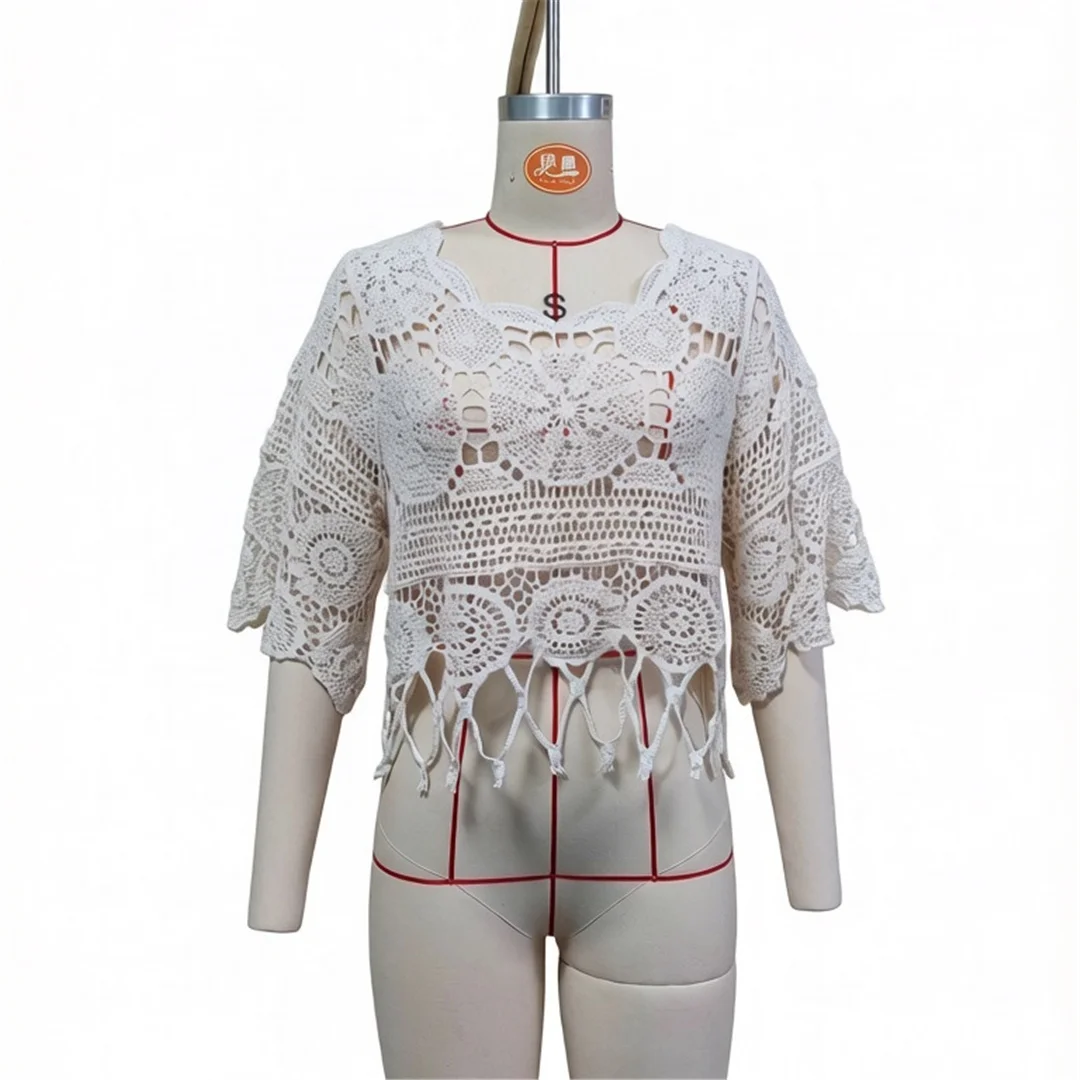 Halbarm-Tunika mit Ausschnitten, einfarbig, gehäkelt, gestrickt, Strand-Überwurf, Strandkleid, Strandmode, Damen V8401 – Detail 11