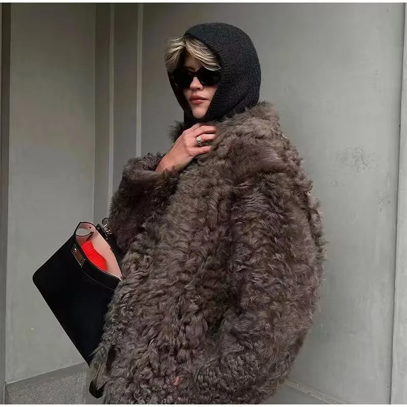 Autumn Winter Vintage Faux Fur Coat Women Elegant Fashion Solid Long Sleeve Stand Collar Single Breasted Tops Female Overcoats