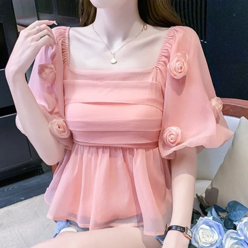 French Three Dimensional Flower Bottoming Blouse Square Neck Short Sleeve Shirt Women's Fashion Casual Puff Sleeve Top Z787