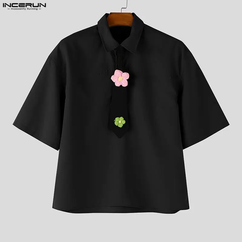 

Men Shirt Patchwork Lapel Half Sleeve Casual Men Clothing Summer Korean Style Streetwear Fashion Male Shirts With Tie INCERUN