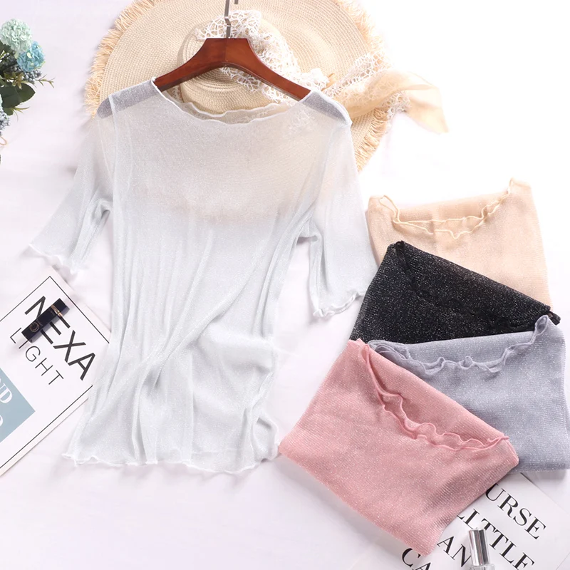 

Sexy Summer New Silver Thread Midi Sleeve Transparent Single Layer Thin Silk Women's Lace Shirt round Neck Short Sleeve Top