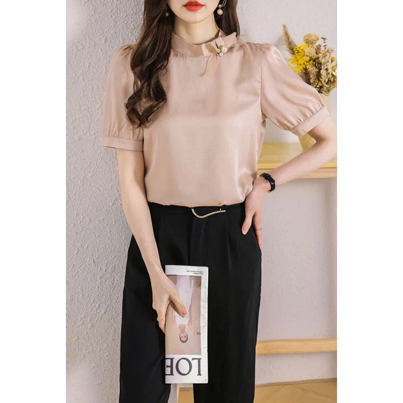 Women\'s 2024 New Summer Pullovers Solid Color Stand Collar Bow Fashion Elegant Loose Casual Versatile Short Sleeve Chiffon Tops