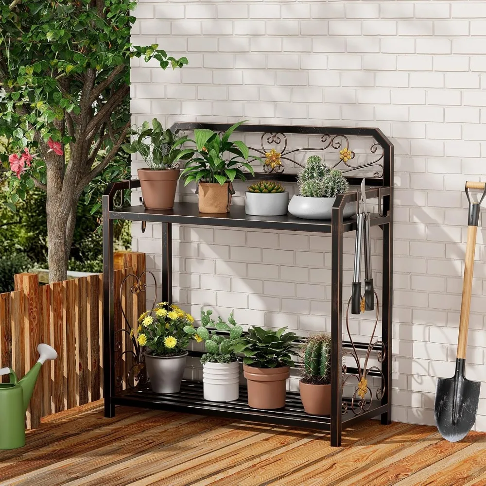 

potting bench, outdoor potting table with 4 side hooks, all-weather gardening table work station, outside garden workbench
