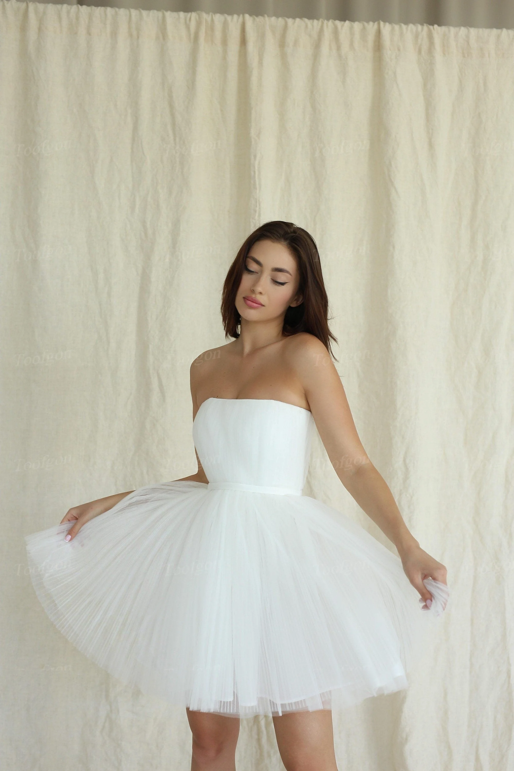 Toofgon uma linha amassado tule vestidos de casamento destacável mangas compridas mini vestido de noiva personalizado feminino vestidos de noiva fotografia