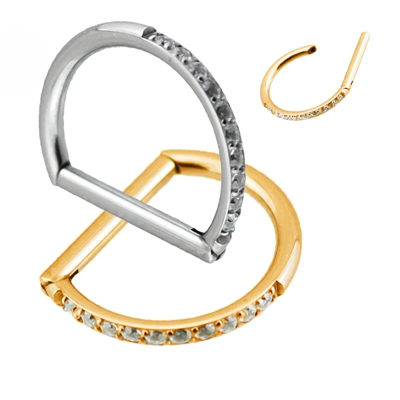 

G23 Titanium Earrings Jewelry Nose Ring Half Ring CZ Paved D Shape Segment Ring PIERC Clicke Cartilage Tragus Helix Lip Piercing