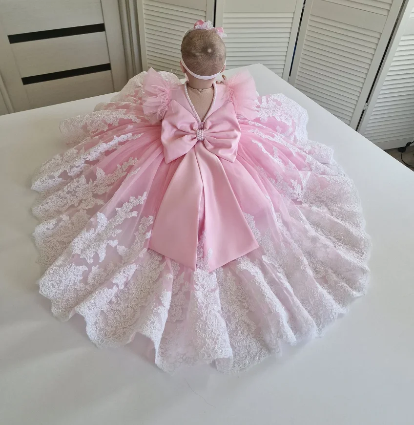 

Pink Tulle Big Bow Fluffy Infant Toddler First Birthday Dress Lovely Tutu Outfit Puff Sleeve Gown Flower Girl Dress