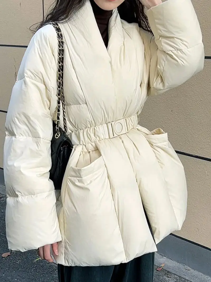 Winter V-neck warm fluffy down coat female bread style down parkas was thin catwalk style down jackets with belt wy1901