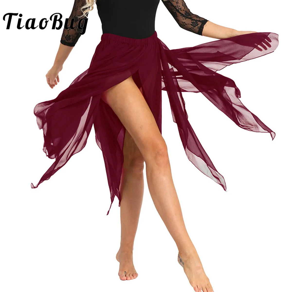 Women Girls Side Split Asymmetrical Belly Dance Skirt Adult Lady Performance Lyrical Dance Costumes Chiffon Dance Skirt