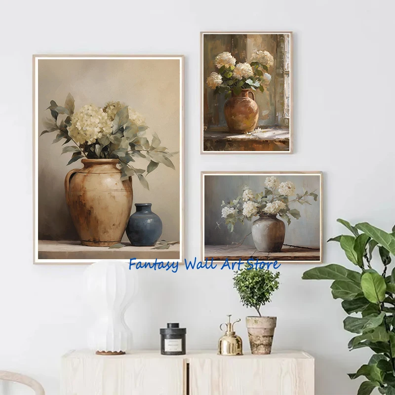 Vintage Hydrangea Painting Blue White Flowers Hydrangeas in Vintage Vase Poster Canvas Painting Wall Pictures Home Kitchen Decor