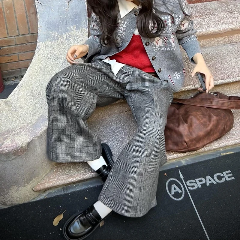 PBAP 市松女性ツイードワイドレッグパンツハイライズドレープベルボトムカジュアルルーズチェック柄スーツズボンラウンジレトロストリート