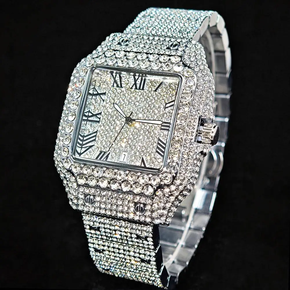 

Модные квадратные часы для мужчин, роскошные кварцевые наручные часы из нержавеющей стали, хип-хоп, блестящие часы с бриллиантами, мужской подарок, хит продаж