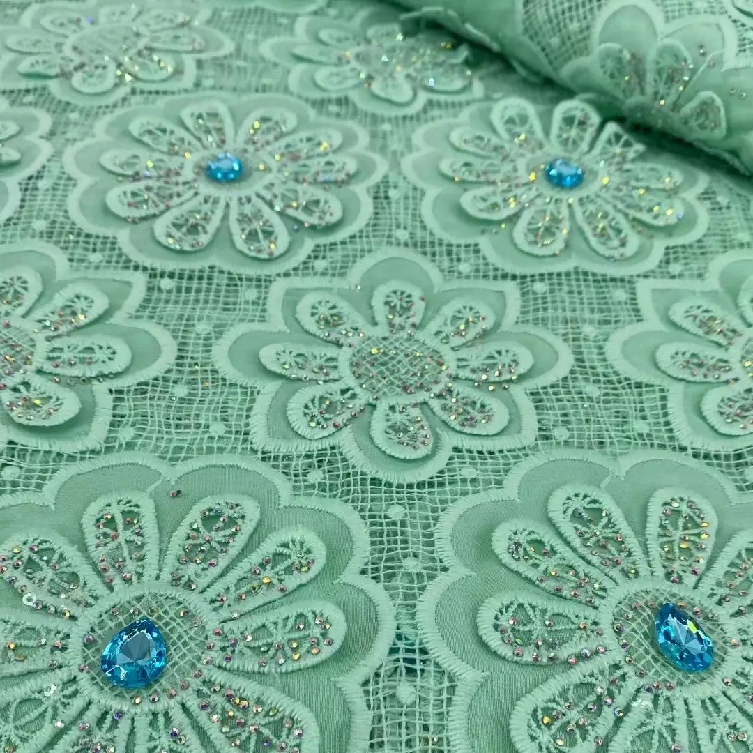 

Chiffon Mesh Fabric African Hollow Out Design Rhinestones High Quality Wedding Party Dress Material For Sewing Chiffon Fabric