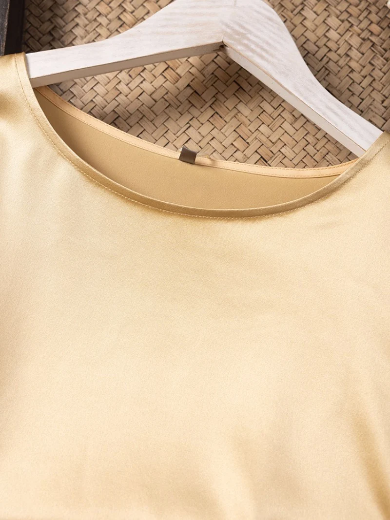 2025 Women's Casual Summer New 93% Natural Mulberry Silk Elastic Satin Champagne Versatile Round Neck Short Sleeve T-shirt