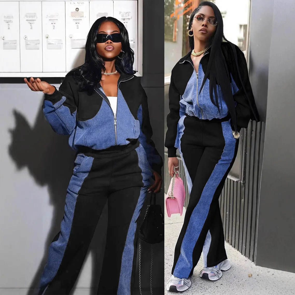 

Autumn Winter 2025 Fashion Women's Jean Spliced Casual Trendy Loose 2 Piece Sets Zipper Coats Wide Leg Trousers Female Clothes