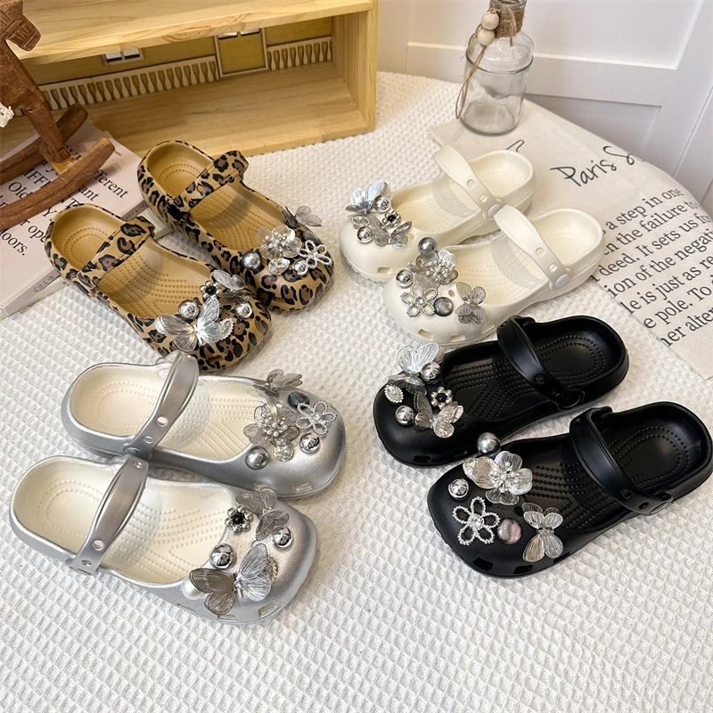 

Girls Leopard Print Mary Jane Clogs Kids Bling Rhinestone Butterfly Flower Decor Slip-on Sandals Strap Non-slip Garden Shoes