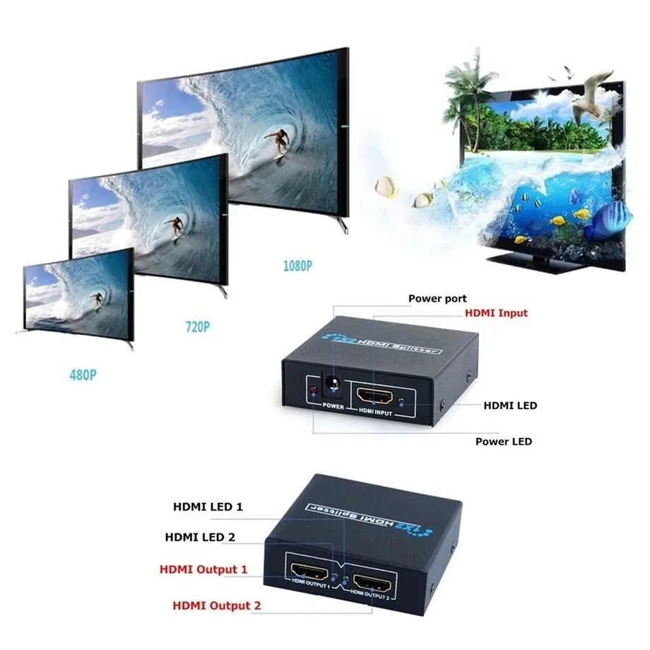 PzzPss 1080P HDMI Splitter 1 In 2 Out Full HD 1080P Video HDMI Splitter Switcher 1X2 Split 1 In 2 Out For HDTV DVD PS3