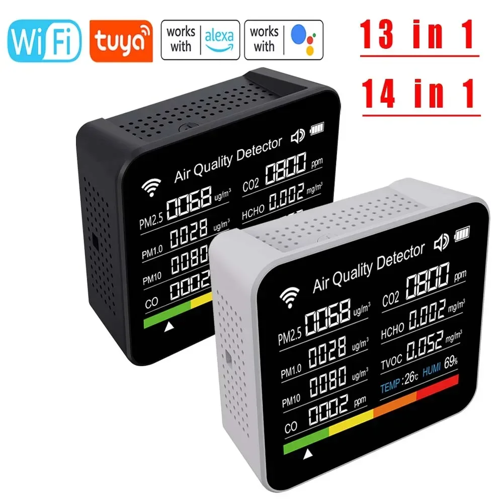 14 in 1/13 in 1 Tuya WIFI Air Quality Monitor CO2 Detector Real Time Monitoring Large Display Home Air Test Kits APP Control