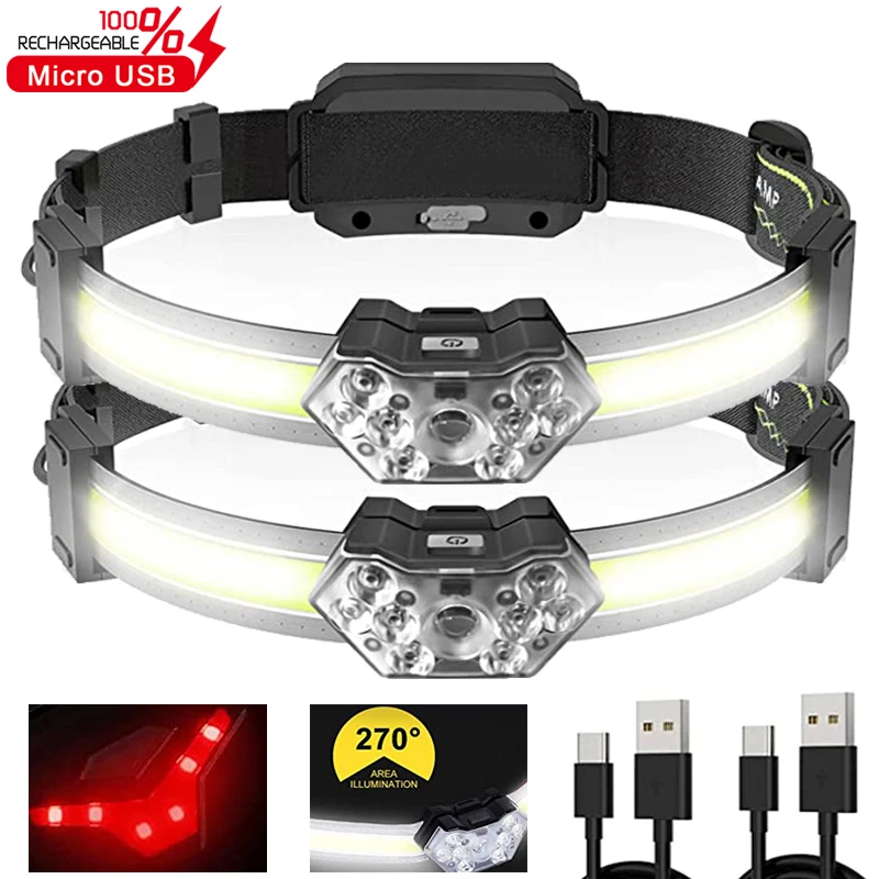 

Powerful COB+LED Headlamp USB Rechargeable Headlight Waterproof 270° Wide Beam Head Flashlight Camping Hiking Emergency Running