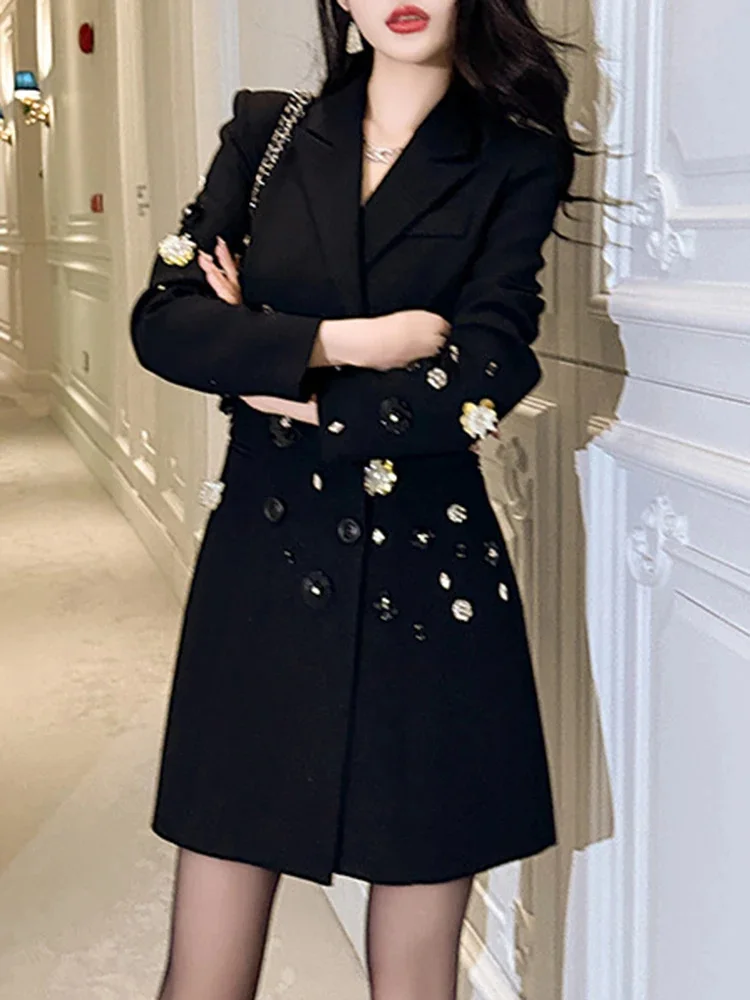 

Designer Slim Dress 2025 Spring New Fashion Notched Collar Long Sleeves Double Breasted Flower Beading Dresses 2DC1277