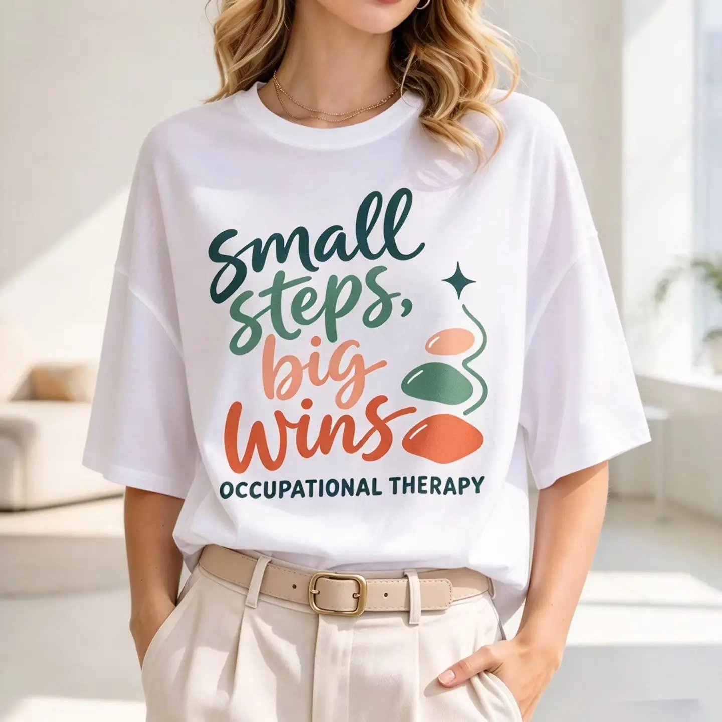 Women Small Steps Big Wins Occupational Therapy Slogan T Shirt Colorful Hand Lettering Occupational Therapist Short Sleeve Tees