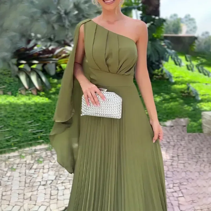 Olive Green Solid Women\'s Dress Elegant High Waist Fashion Pleated Single Shoulder Cape Temperament Female Fresh Party Dresses