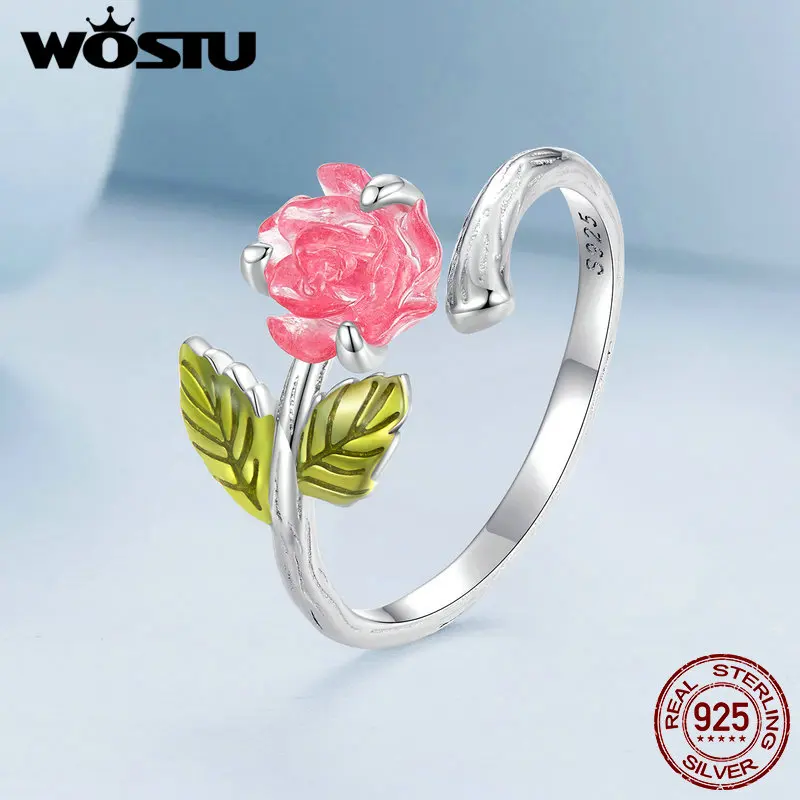 WOSTU Crystal Rose Open Ring 925 Sterling with Pink Resin Silver Fine Jewelry For Women Girl Party Date Birthday Gift