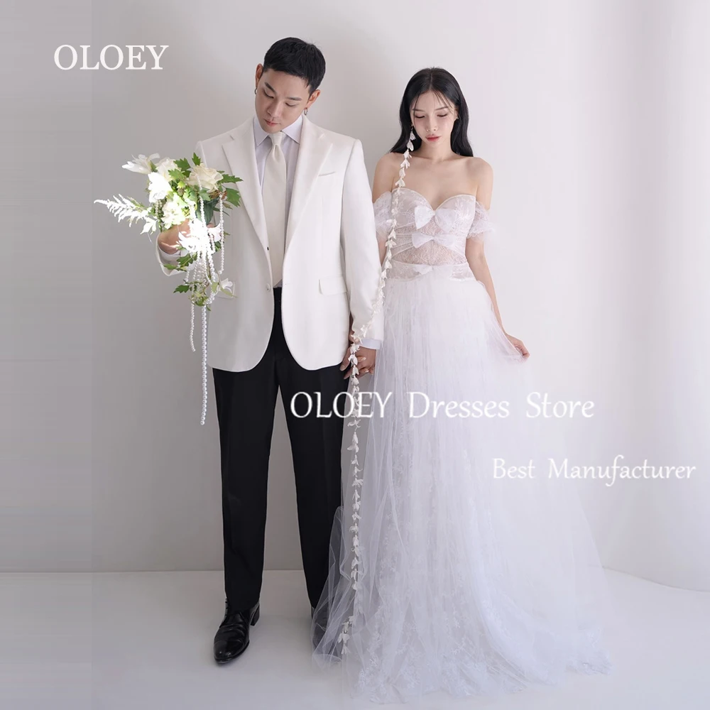 

OLOEY Exquisite A Line Ivory Wedding Dress Korea Photoshoot Off Shoulder Long Bridal Gown Sweetheart Lace Tulle Custom Made