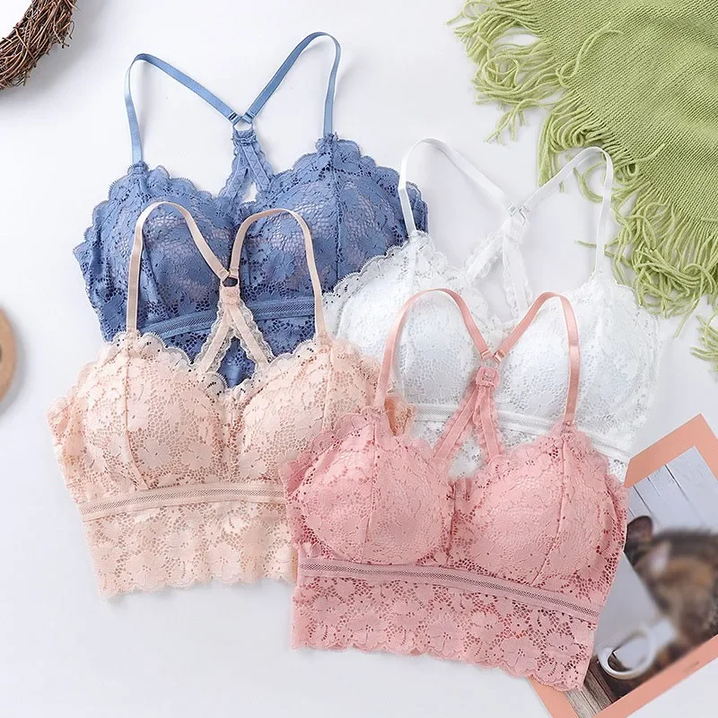 Women Bralette French Style Lace Bra Girls Triangle Cup Lingerie Deep V Bras Wireless Underwear Soft Thin Seamless Push Up Bra