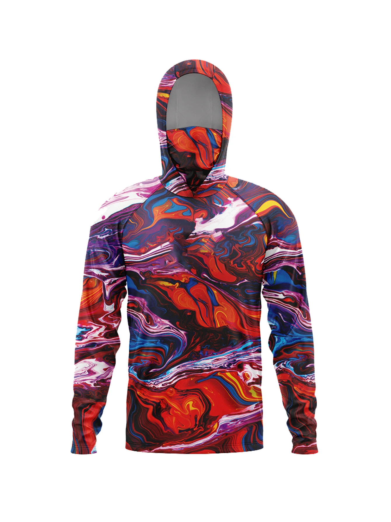 Jungle Multicolor Splatter Camo Men Fishing Hooded Shirt Built-in Face Cover UPF50+ Sun Protection Quick-Dry Long Sleeve Tops
