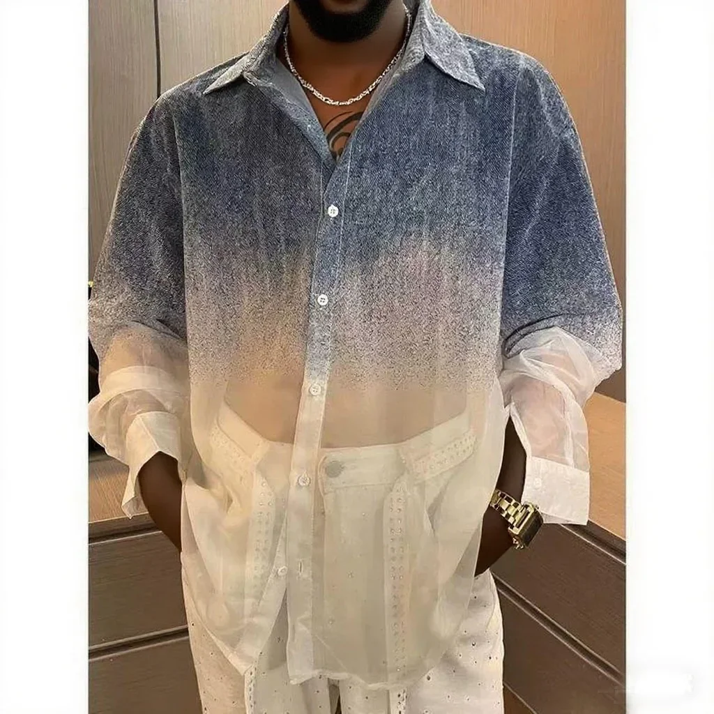 

Men's Shirt European Size Breathable Summer Gradient Thin Transparent Casual Top Nightclub Performance Wear Shirts