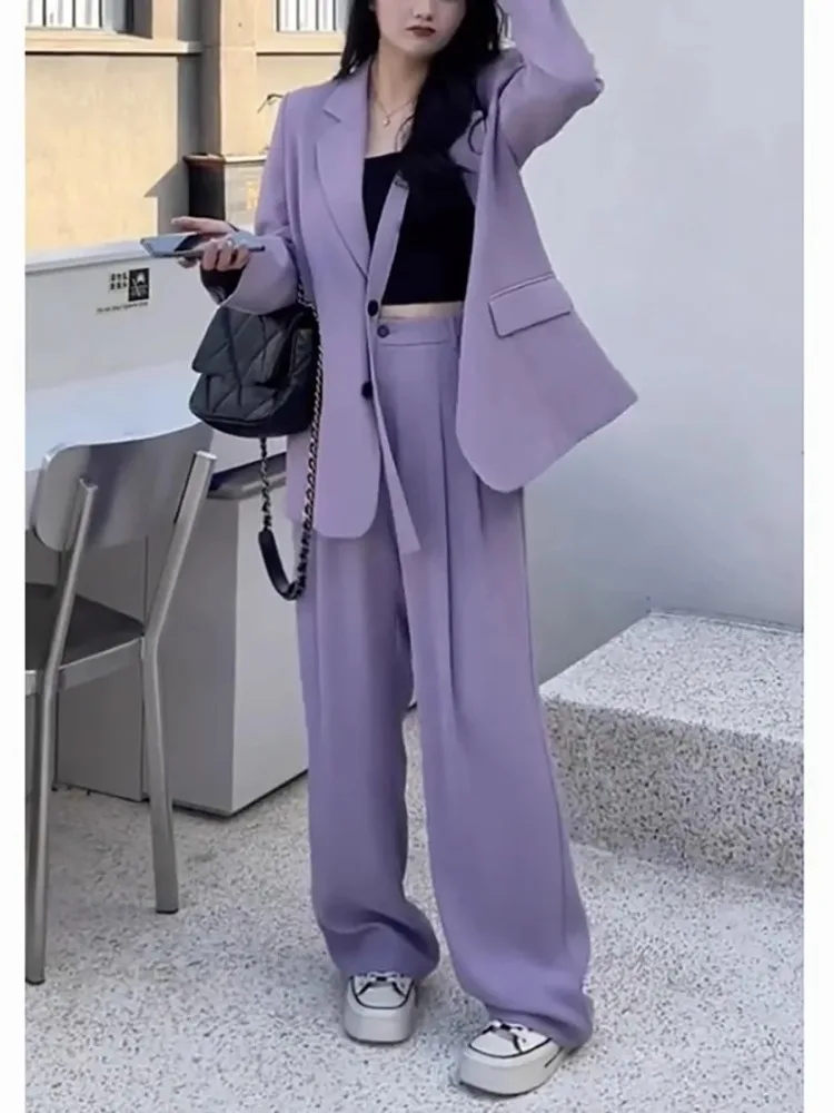 Insozkdg Women Autumn Vintage Lacetic Blazer Wide Leg Pants Set Casual Solid Color Loose Blazer + Straight Pants Two-Piece Set