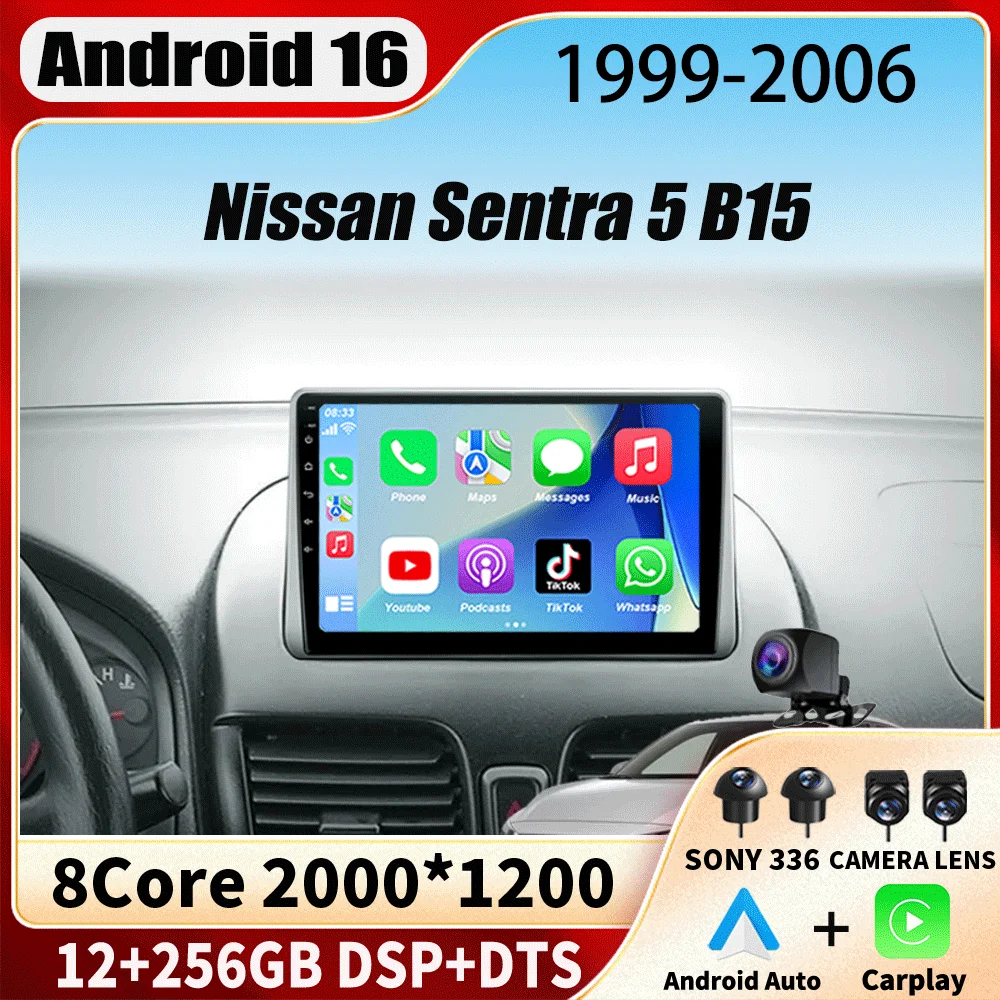 Android 16 Carplay Auto Car Radio Nissan Sentra 5 B15 1999-2006 GPS Navigation Multimedia Video Player Head Unit 2Din Stereo DSP