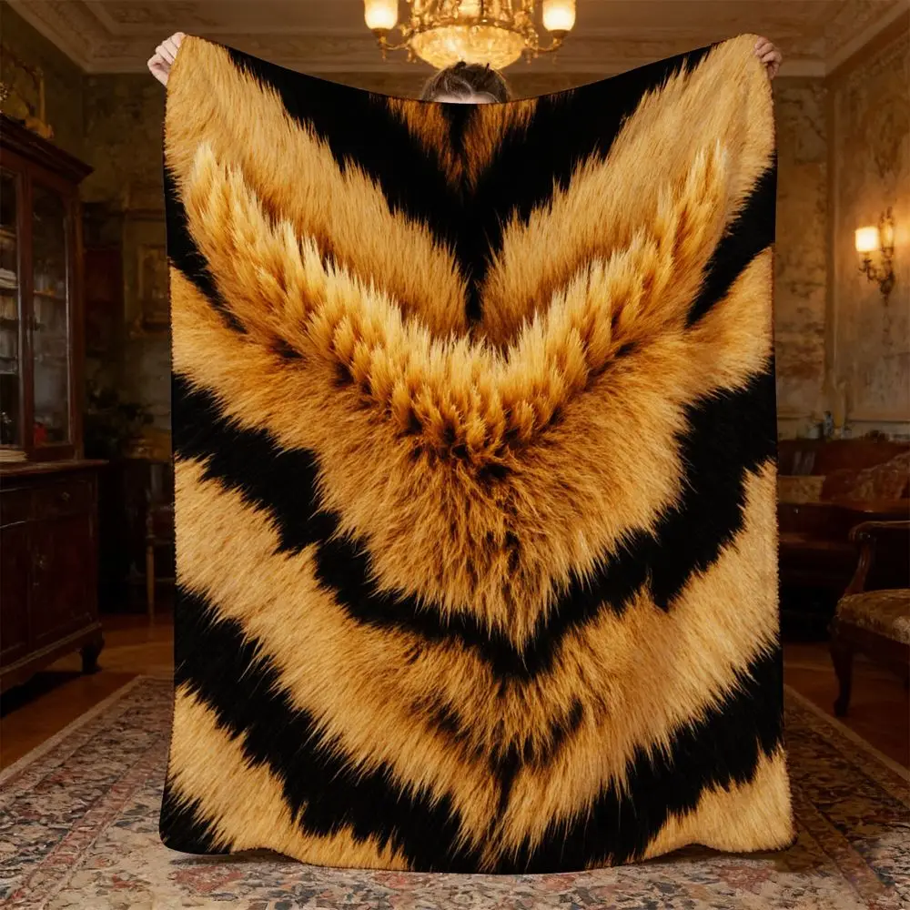 1pc Tiger‑Stripe Printed Throw Blanket, Bold Golden‑Brown Faux Fur Pattern, Ultra‑Soft All‑Season Blanket, Elegant Home Decor
