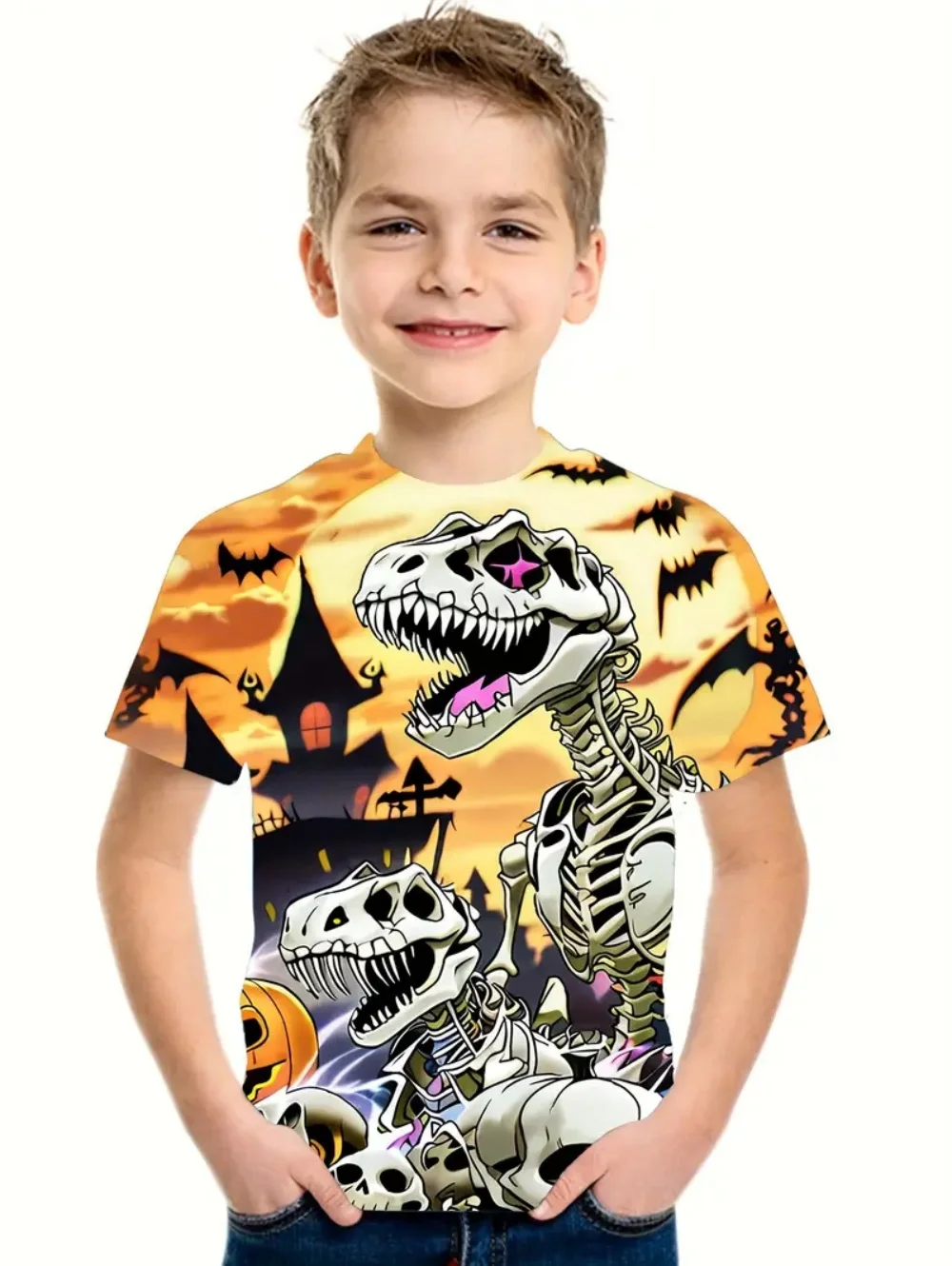 Halloween Boy's T-Shirt Dinosaur Pattern Summer Short Sleeve Casual Fashion Print Kids Tops 3-12y Party Gift Children's Clothing
