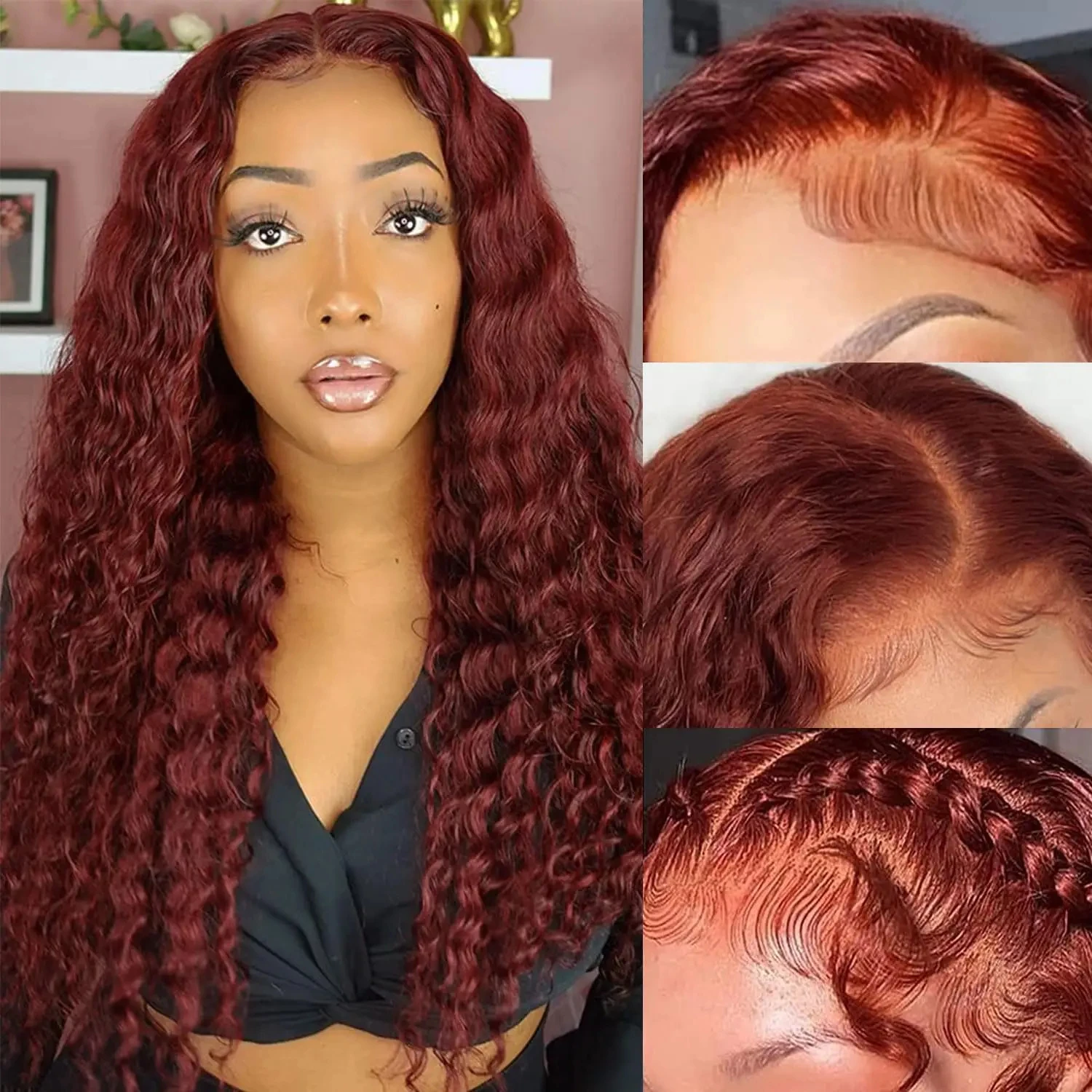 Reddish Brown Deep Wave 13x4 Lace Frontal Wig Brazilian Dark Colored Curly Water Wave 13x4 Lace Front Wig Human Hair For Women