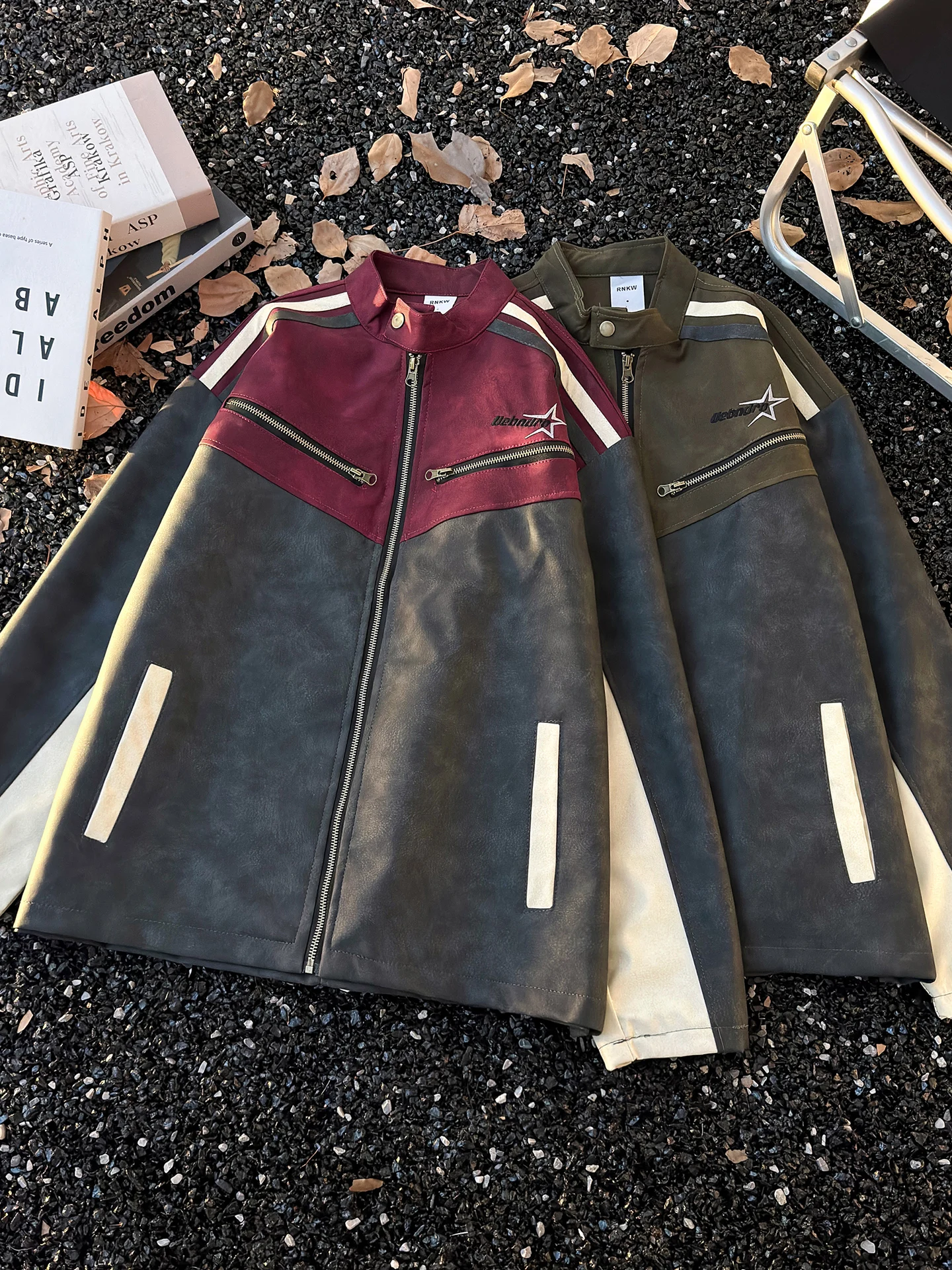 

Men's Loose Fit Leather Jaet Spring Autumn Stand Collar Patchwork Embroidery Waed Vintage Biker Sle Sport Coat