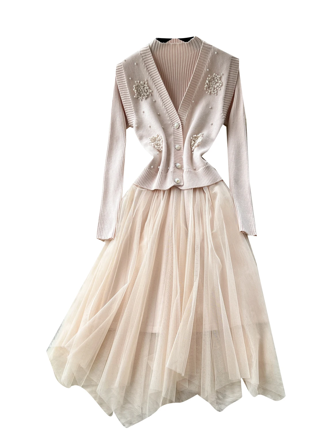 

Ele комплект из двух предметов, женский осенний высококачественный вязаный топ с v-образным вырезом и скользящим трикотажным топом Me Paneling Dr