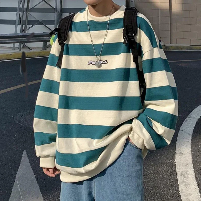 

Spring Autumn Korean Fashion Striped Hip Hop Sweatshirt Man Casual Long Sleeve Tops Pullover Ropa Hombre Streetwear Male Clothes
