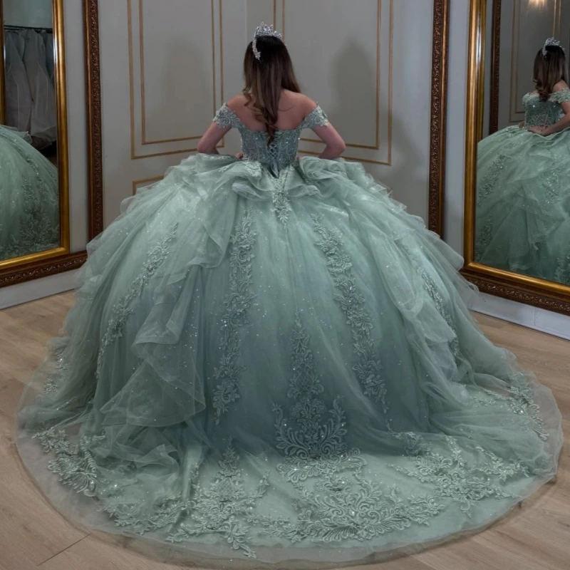 Mintgrünes, glänzendes Quinceanera-Kleid, schulterfrei, Ballkleid, süßes 16-Kleid, Applikation, Spitze, Perlen, Tüll, Geburtstagsfeier, Vestidos 15