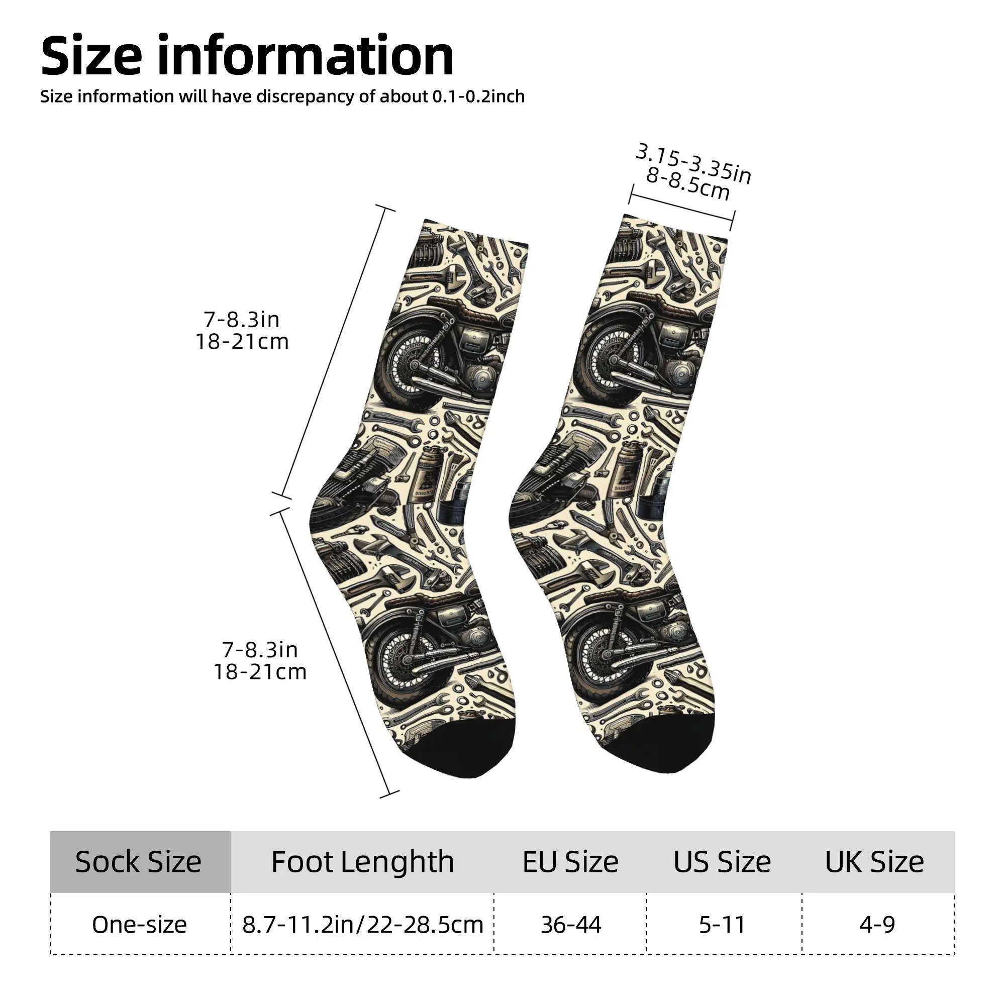 1pc Vintage Motorcycle Mechanic Tools  Printed Men's Socks Novelty Hip Hop Harajuku Pattern Crew Sock Casual Gift