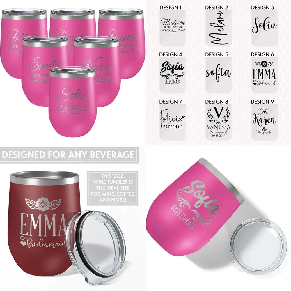 

Personalized 12 oz Stemless Wine Tumblers Set of 6 for Bridesmaids - Hot Pink Wedding Gift, Bachelorette Party Favors