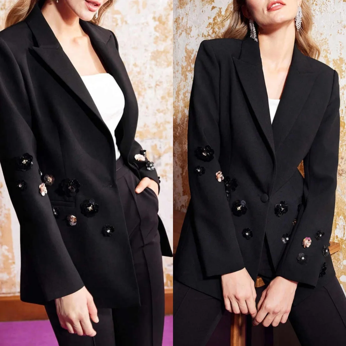 

Modern 3D Flowers 2 Pieces Mother Of The Bride Suits One Button Peaked Lapel Pant Sets Plus Size Formal Party Customized