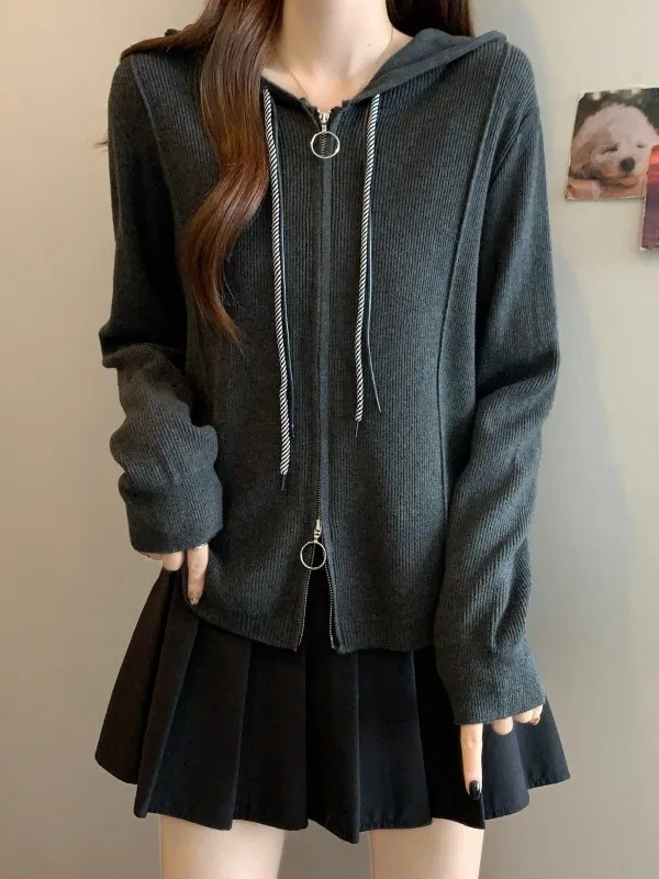 

Женский кардиган-худи большого размера с двойной молнией, свободный вязаный свитер на весну-осень, повседневная верхняя одежда