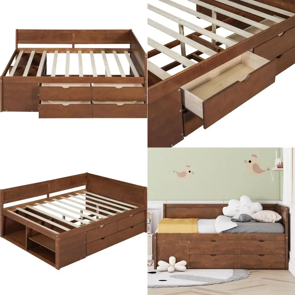 

Кушетка с отделкой под орех, ящиками для хранения, полками и L-образной платформой с ламельной подставкой для детей