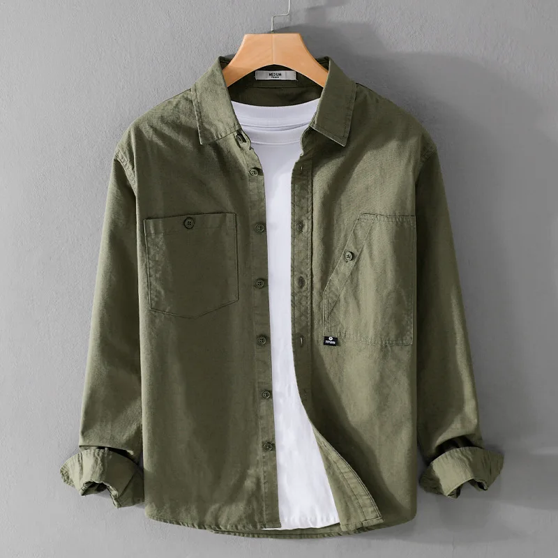 

Autumn Spring Long Sleeve Casual Shirts For Men Loose 100% Cotton Fashion Khaki Green Mens Shirts Big Pockets Men Clothing