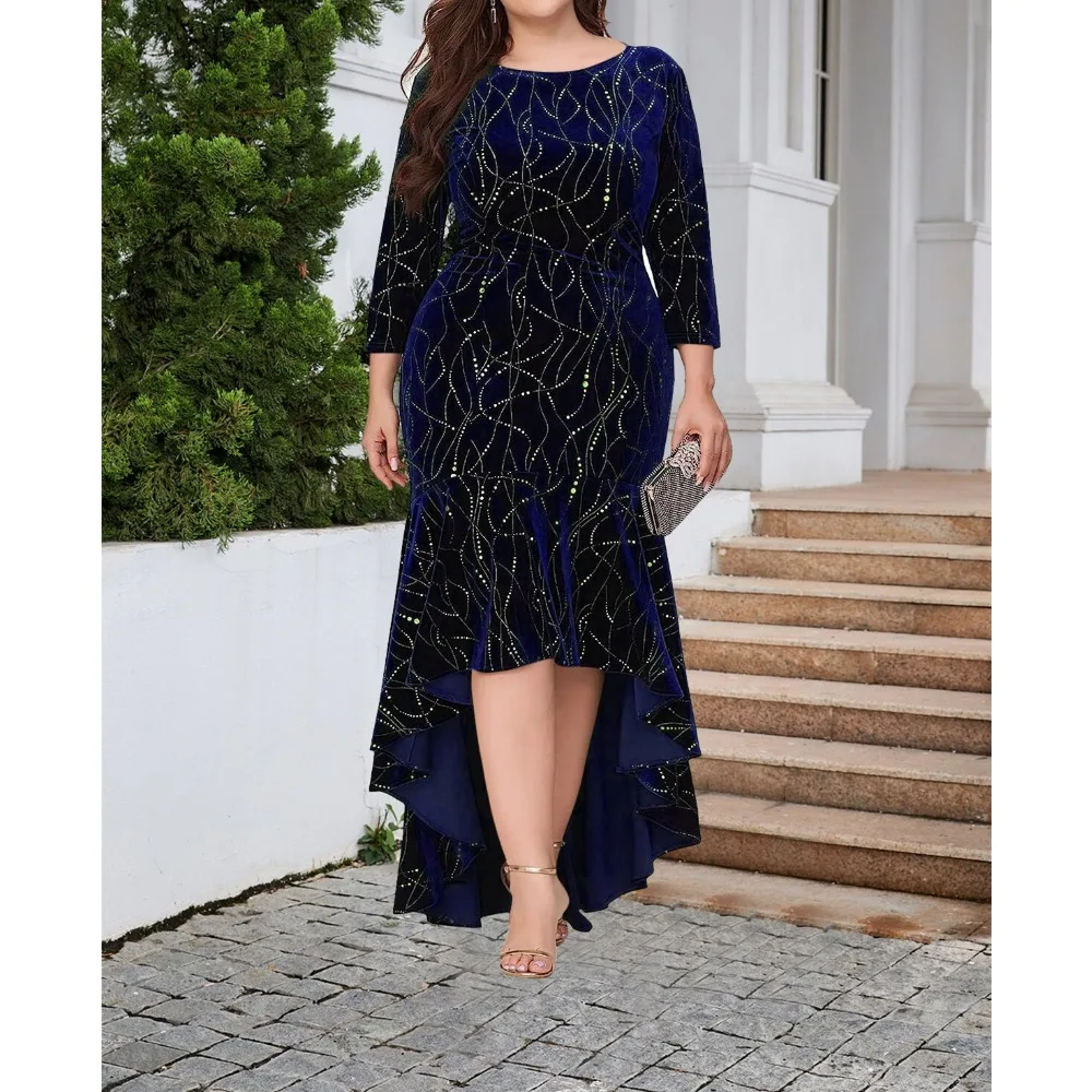 2023 Velvet Hot Silver Irregular Hem Long Cropped Sleeve Plus Size Dress